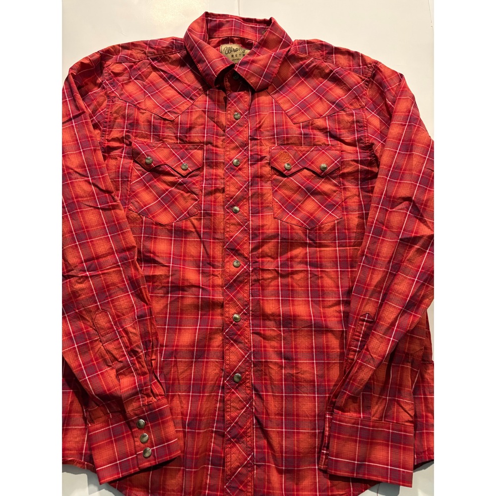Wrangler Retro Western Plaid Snap Shirt Mens‎ Large Red Pearl Snap Cowboy